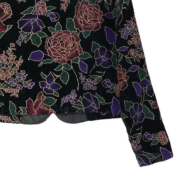Vintage Black Velveteen Large Print Floral Evening Blazer Gold Metallic … - Picture 9 of 15
